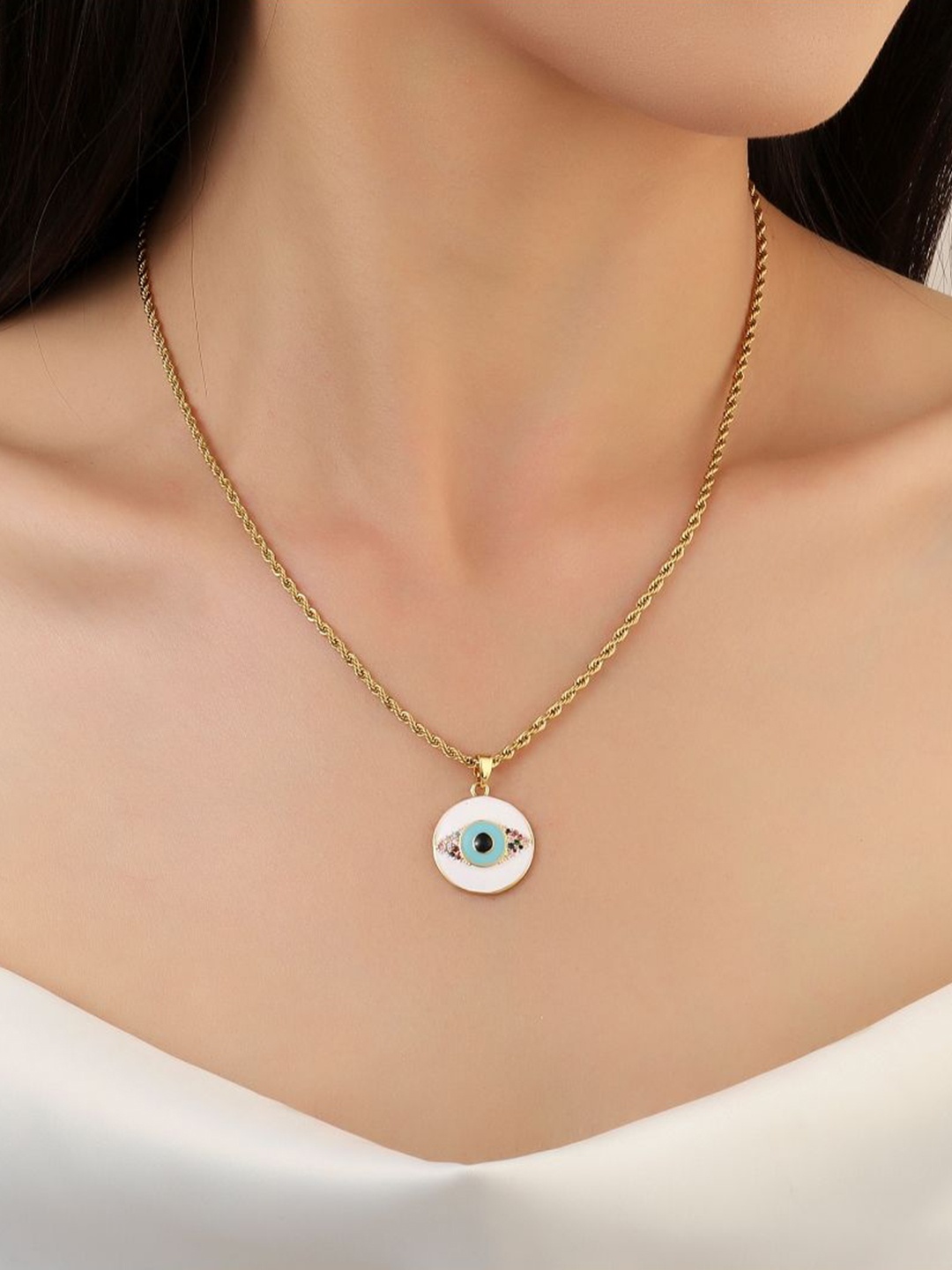 

SALTY Evil Eye Stone Studded Stainless Steel Pendant With Chain, Gold
