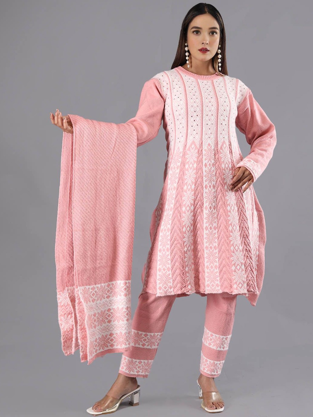 

TYSORT Floral Woven Design Knitted Weave A-Line Kurta With Trouser & Dupatta, Pink