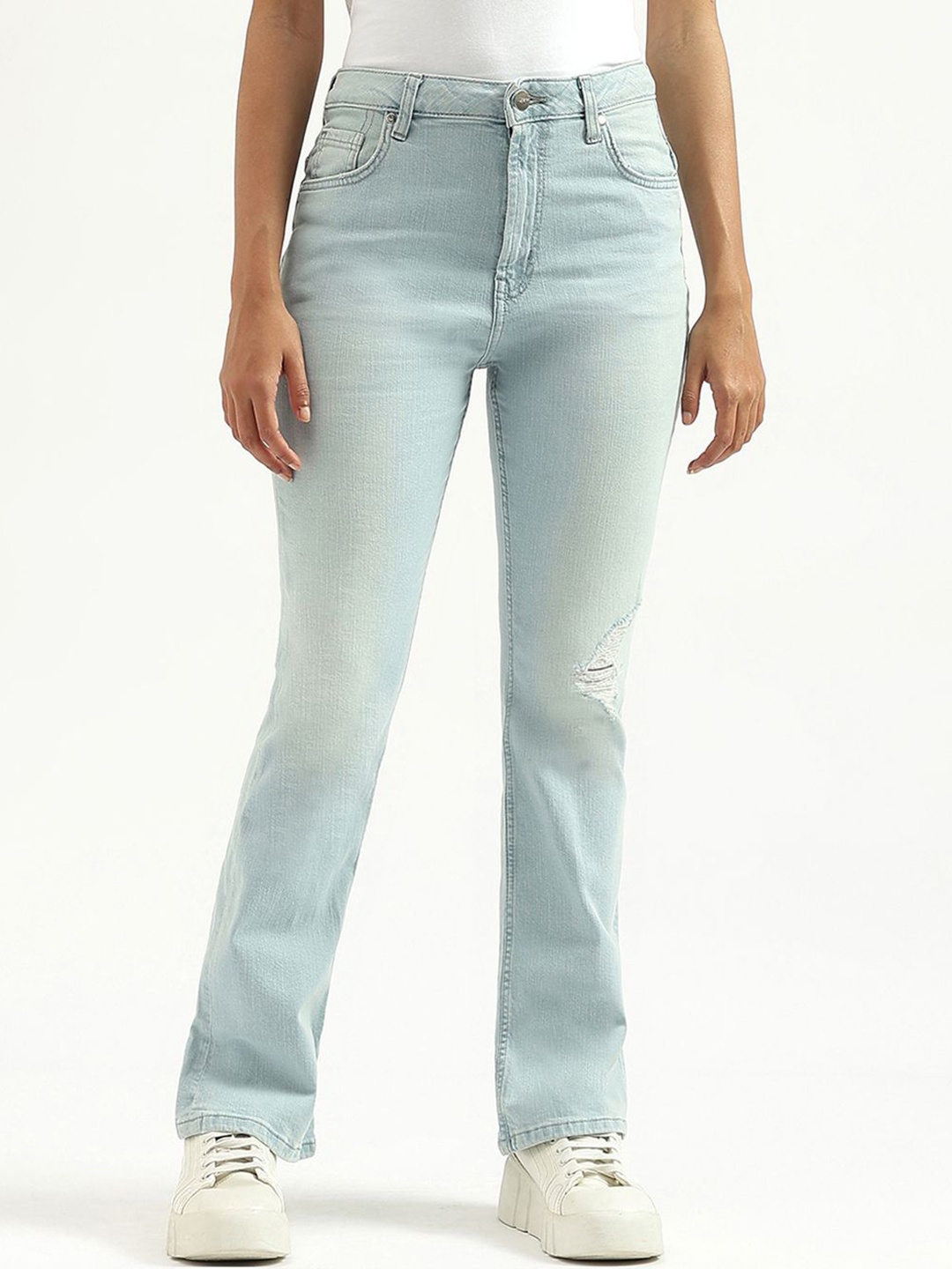 

United Colors of Benetton Women Bootcut Low Distress Light Fade Jeans, Blue