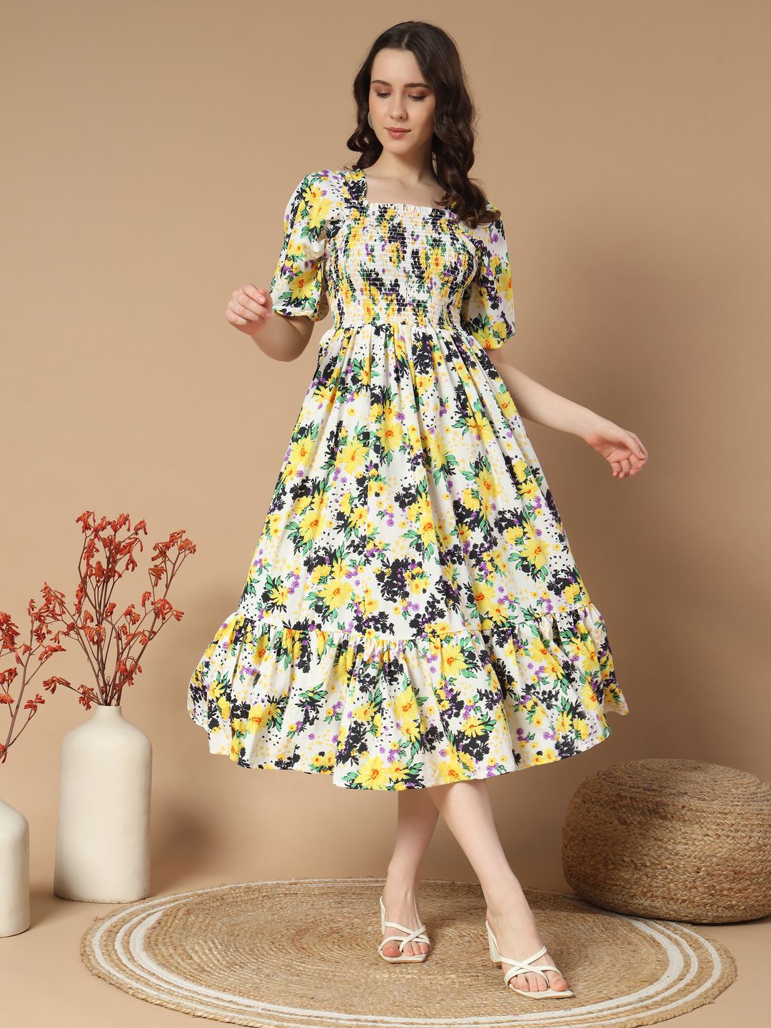 

OTABU Floral Print Crepe A-Line Midi Dress, White