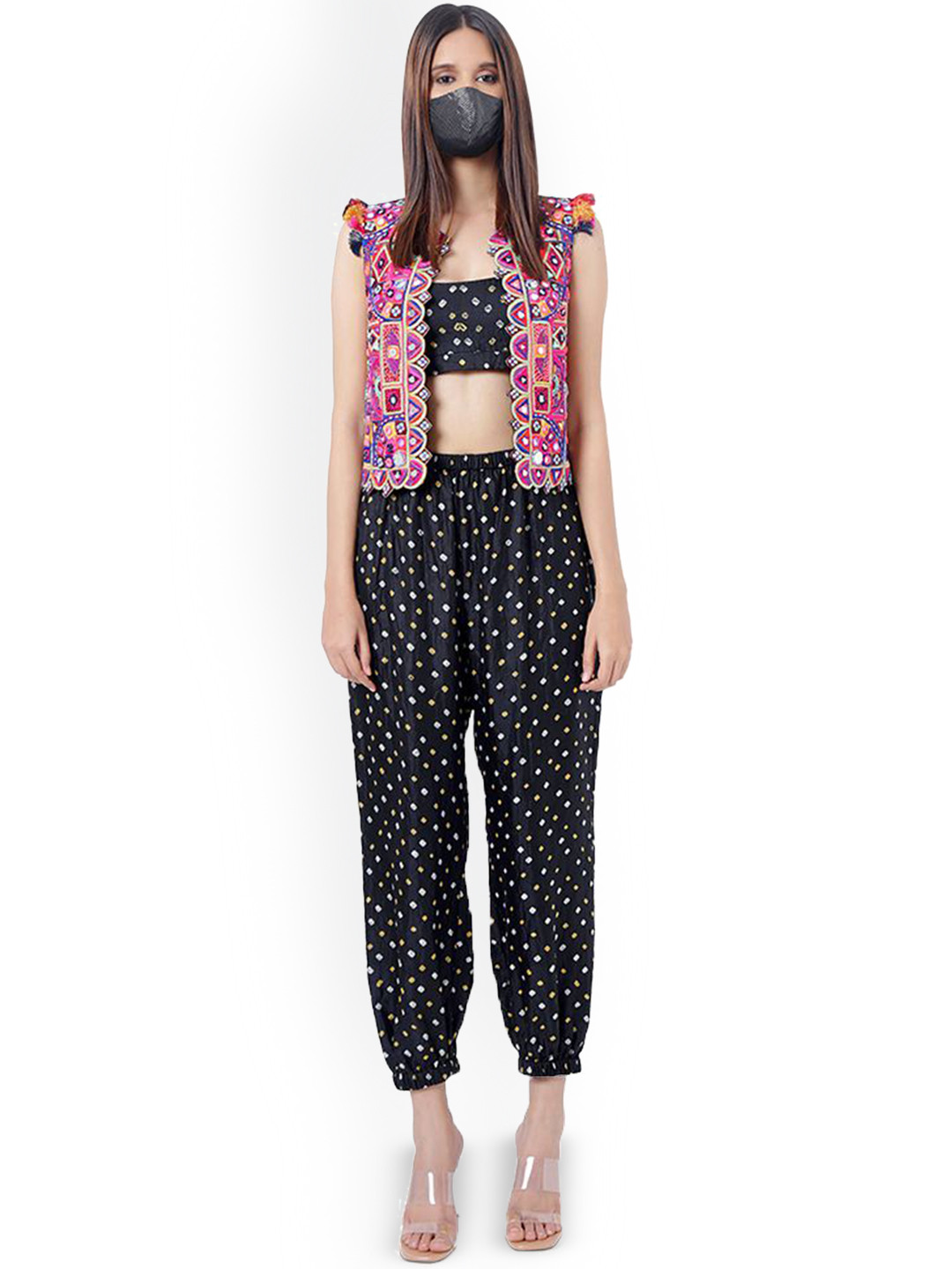 

Payal Singhal Embroidered Top with Jogger & Jacket, Black