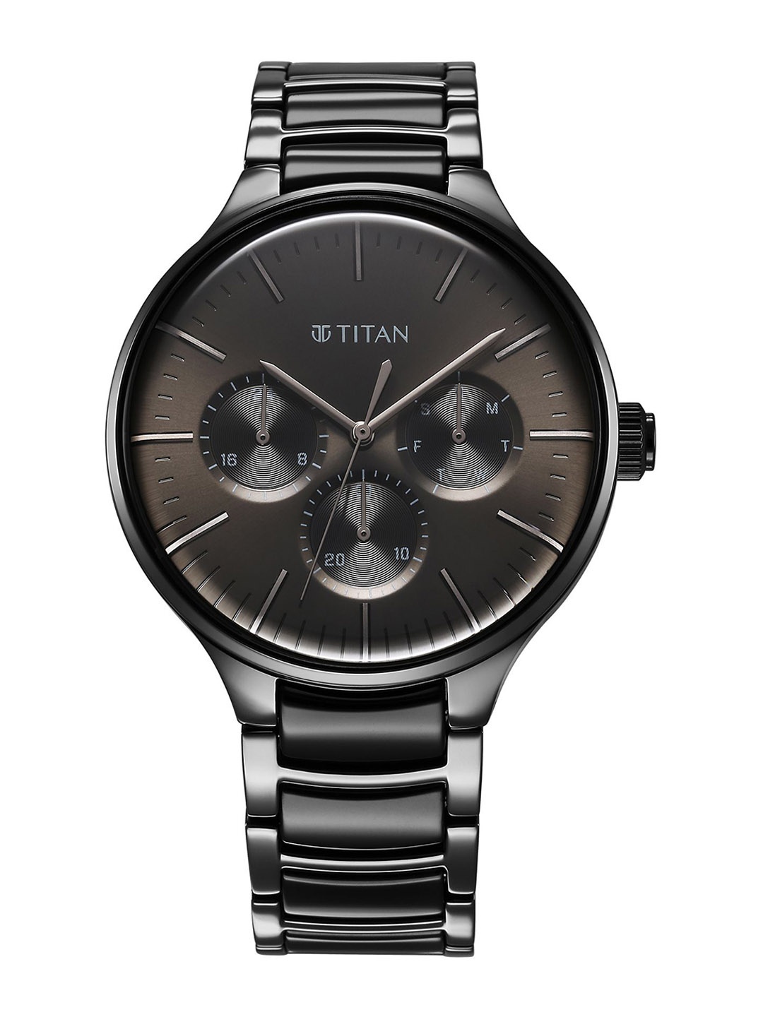 

Titan Men Printed Dial & Stainless Steel Bracelet Style Straps Analogue Multi Function Watch 90148KD06, Black