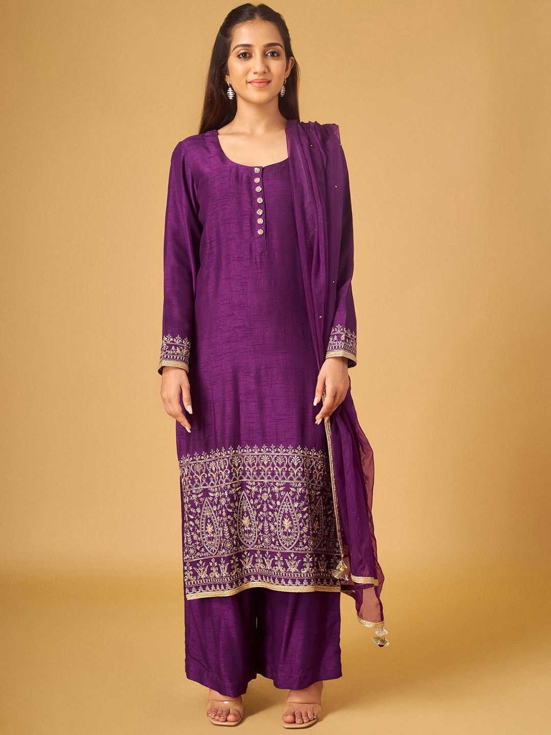 

Maisolos Embroidered Zari Regular Straight Kurta with Palazzos & Dupatta, Purple