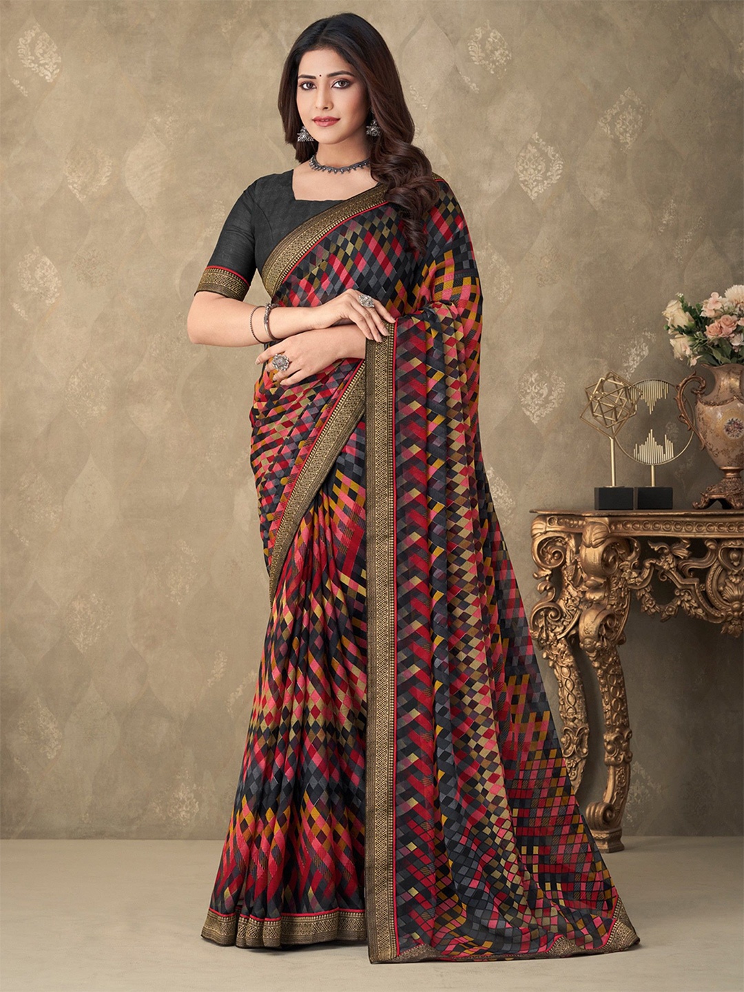 

KALINI Checked Printed Saree, Black