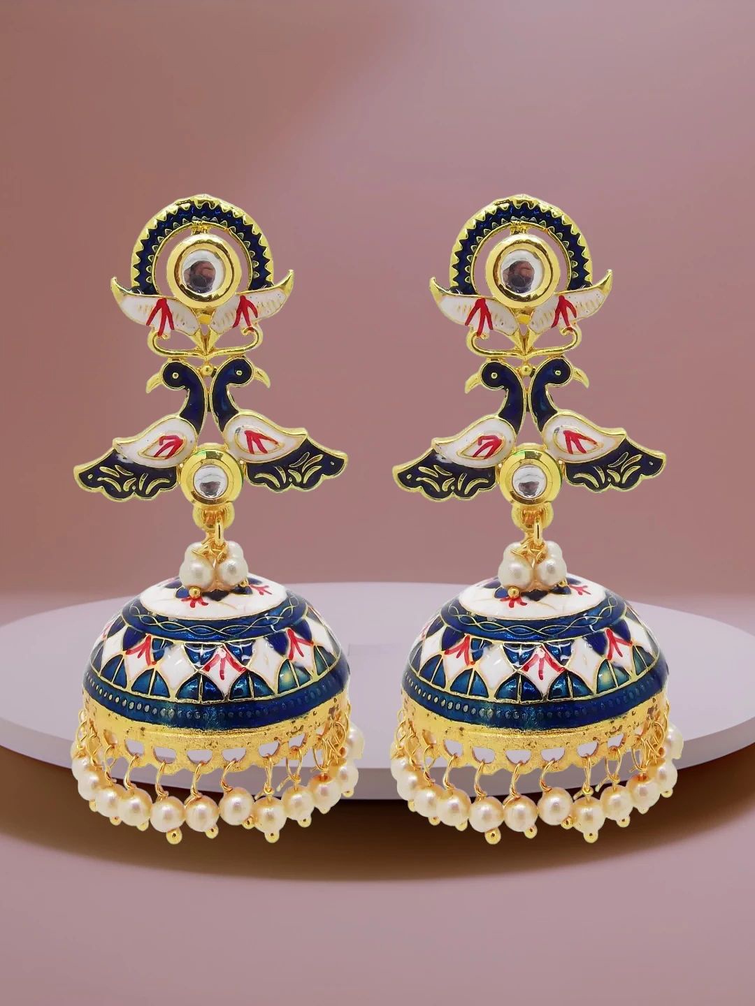 

9blings Gold Plated Beaded Dome Shaped Meenakari Jhumkas