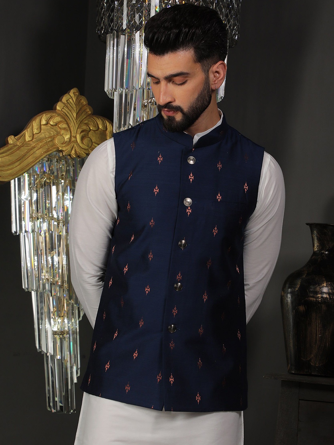 

DEYANN Men Printed Mandarin Collar Nehru Jacket, Navy blue