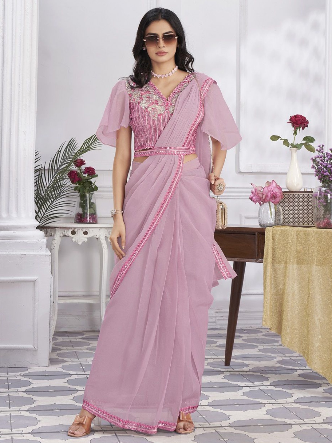 

JIVORA Embroidered Pure Georgette Ready to Wear Saree, Pink