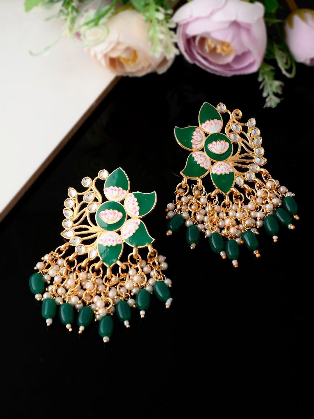 

Anouk Gold Plated Kundan Studded & Beaded Floral Meenakari Drop Earrings