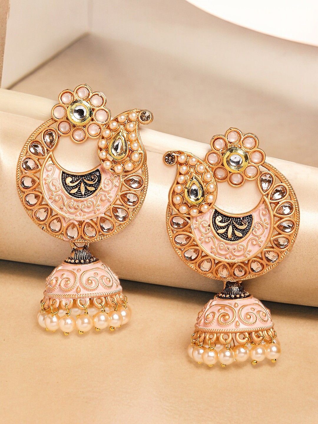 

Anouk Meenakari Enamel Dome Shaped Kundan Studded & Pearl Jhumkas, Gold