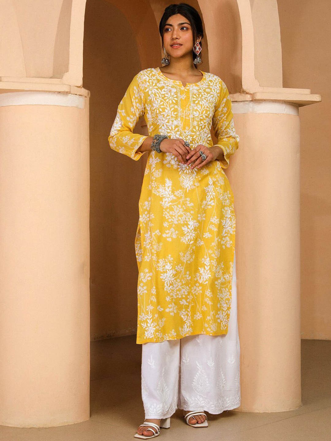 

Anni Designer Floral Embroidered Notch Neck Chikankari Straight Kurta, Yellow