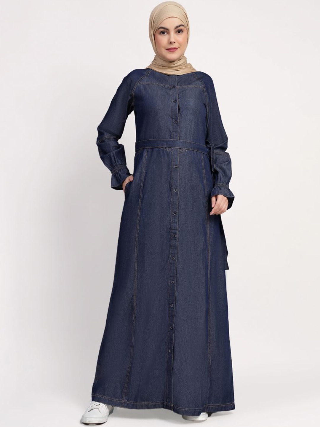 

IDH London Smoking Detail Sleeves Burqa With Scarf, Blue