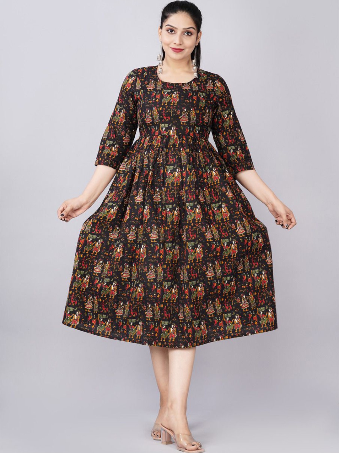 

KALINI Printed Maternity A-line Midi Dress, Black