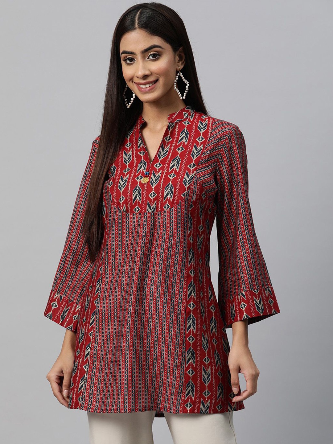 

Nayam By Lakshita Women Geometric Printed Mandarin Collar Top, Maroon