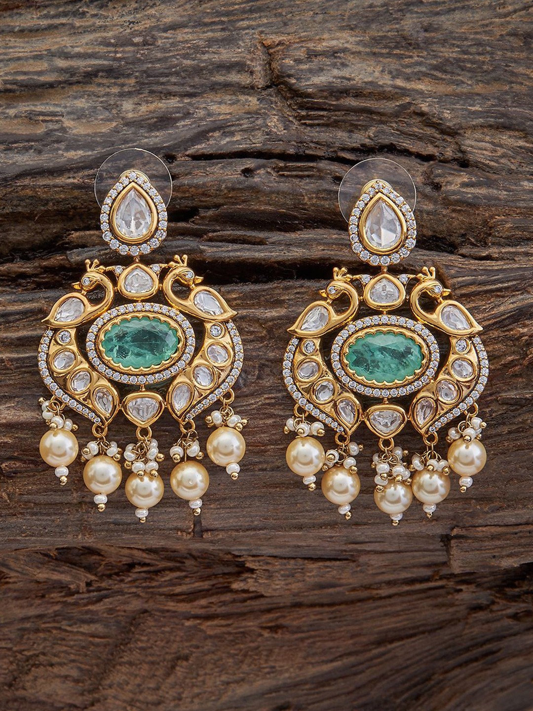 

Kushal's Fashion Jewellery Kundan Studded & Beaded Crescent Shaped Drop Earrings, Sea green