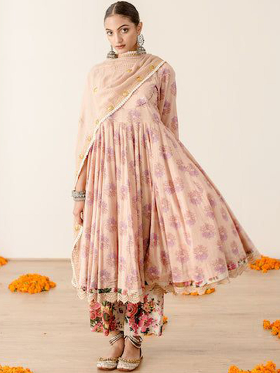 

GulaboJaipur Floral Printed Empire Pure Cotton Anarkali Kurta with Pyjamas & Dupatta, Peach