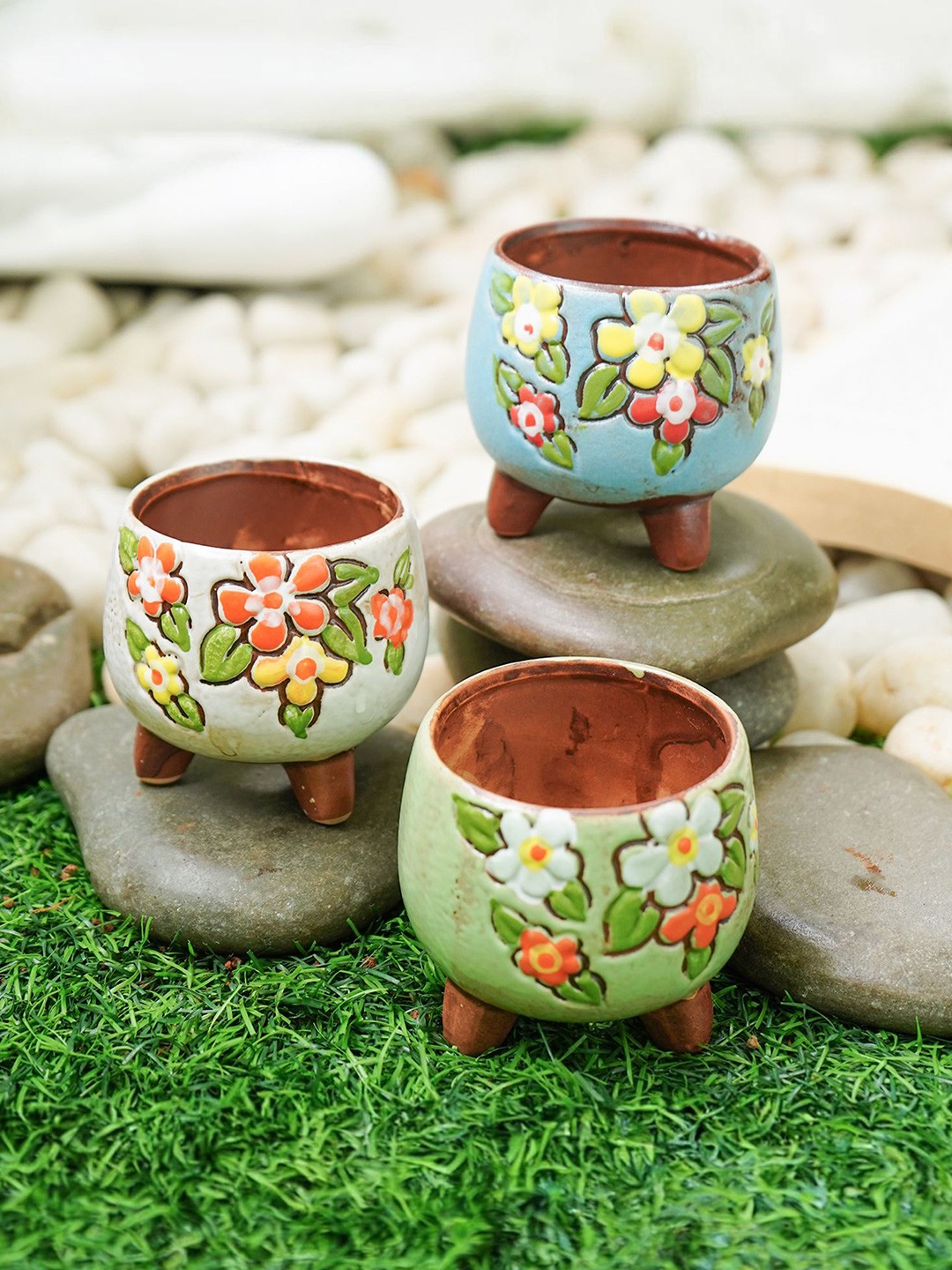 

Ekhasa Vintage Green & Blue 3 Pieces Floral Printed Ceramic Planters
