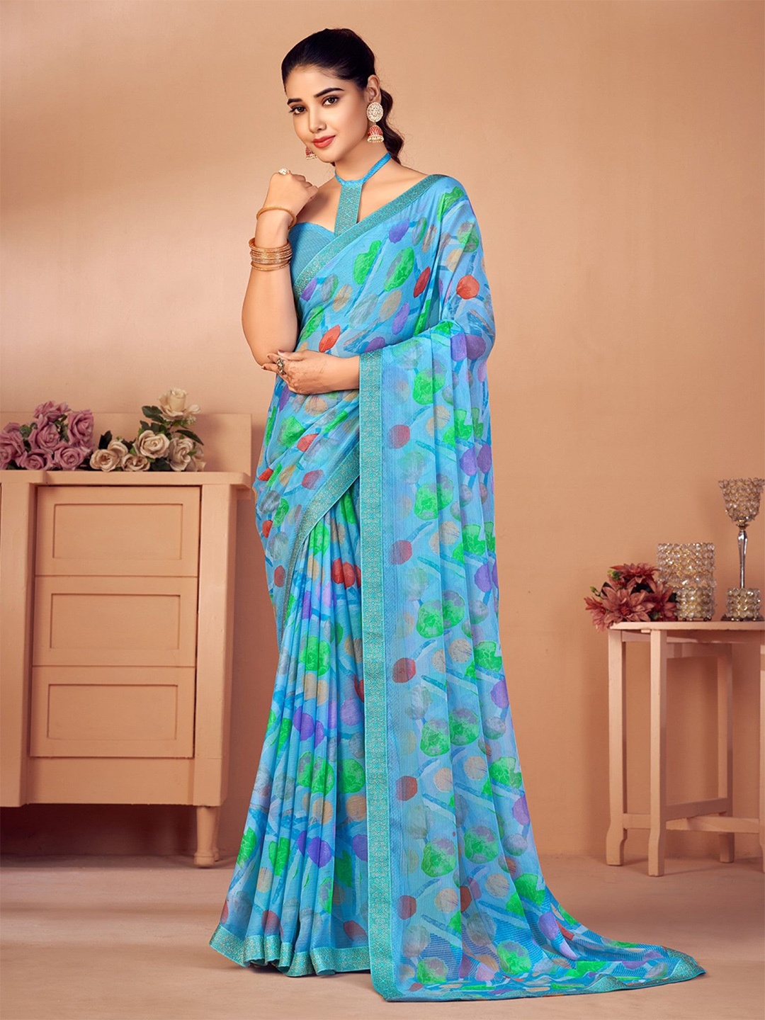 

KALINI Women Printed Zari Saree with Blouse Piece, Blue