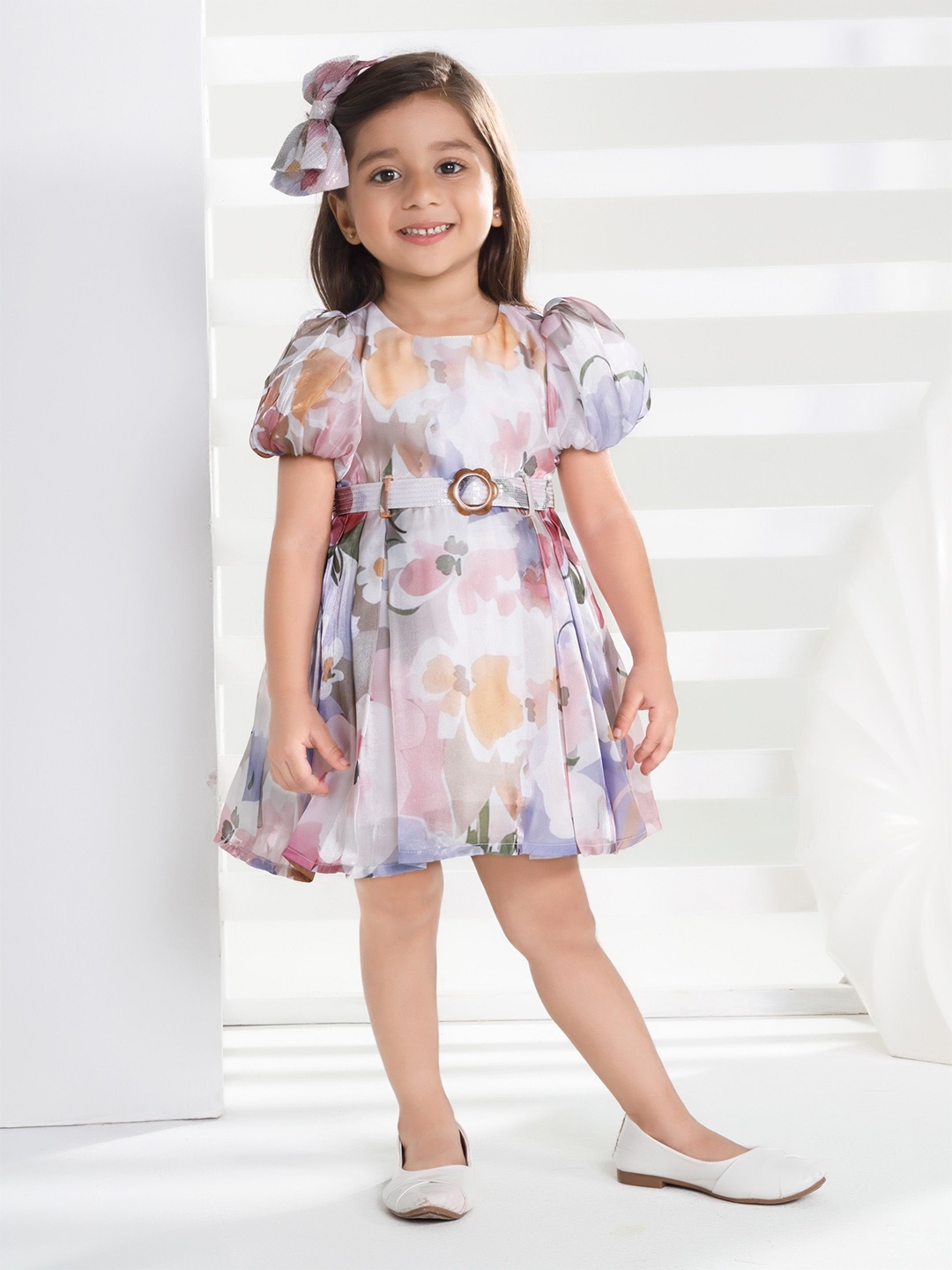 

Peppermint Puff Sleeve Belted Floral Fit & Flare Dress, Off white