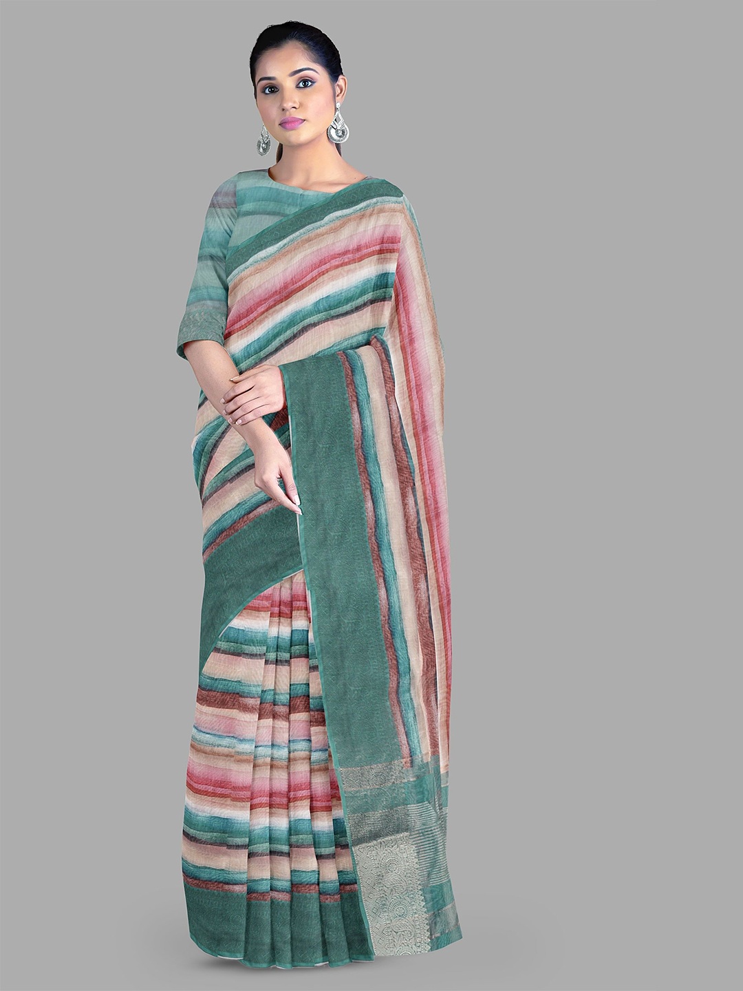 

The Chennai Silks Striped Pure Cotton Chanderi Saree, Green