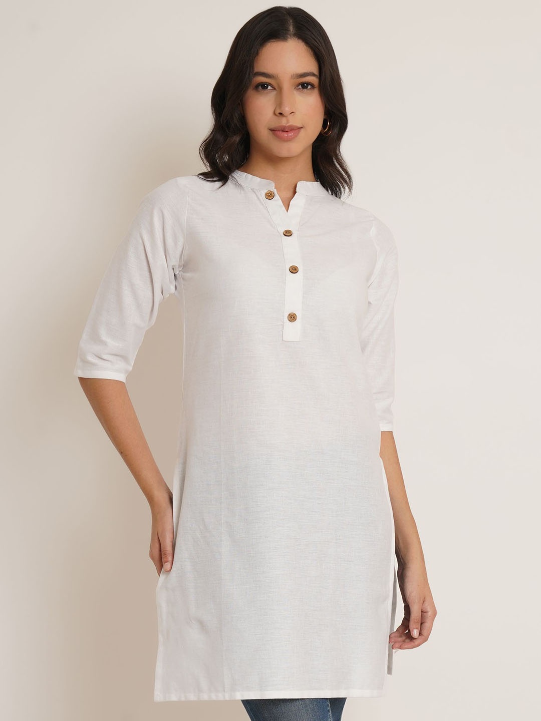 

Brownverse Mandarin Collar Straight Kurti, White