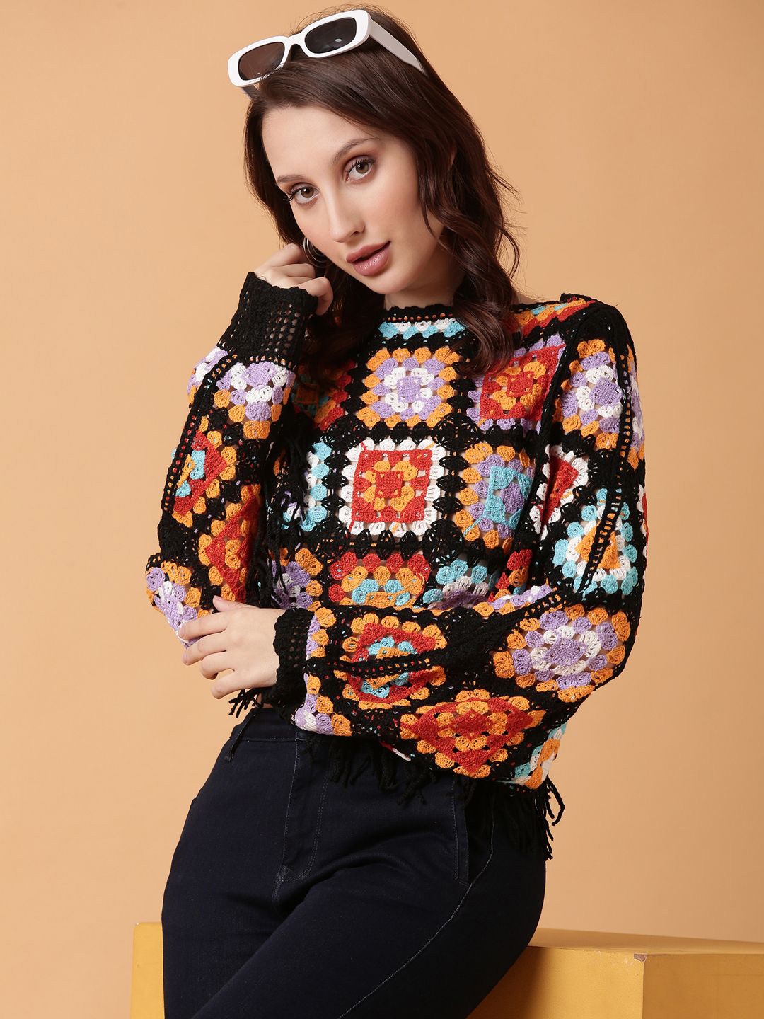 

SHOWOFF Crochet Cape Top, Black