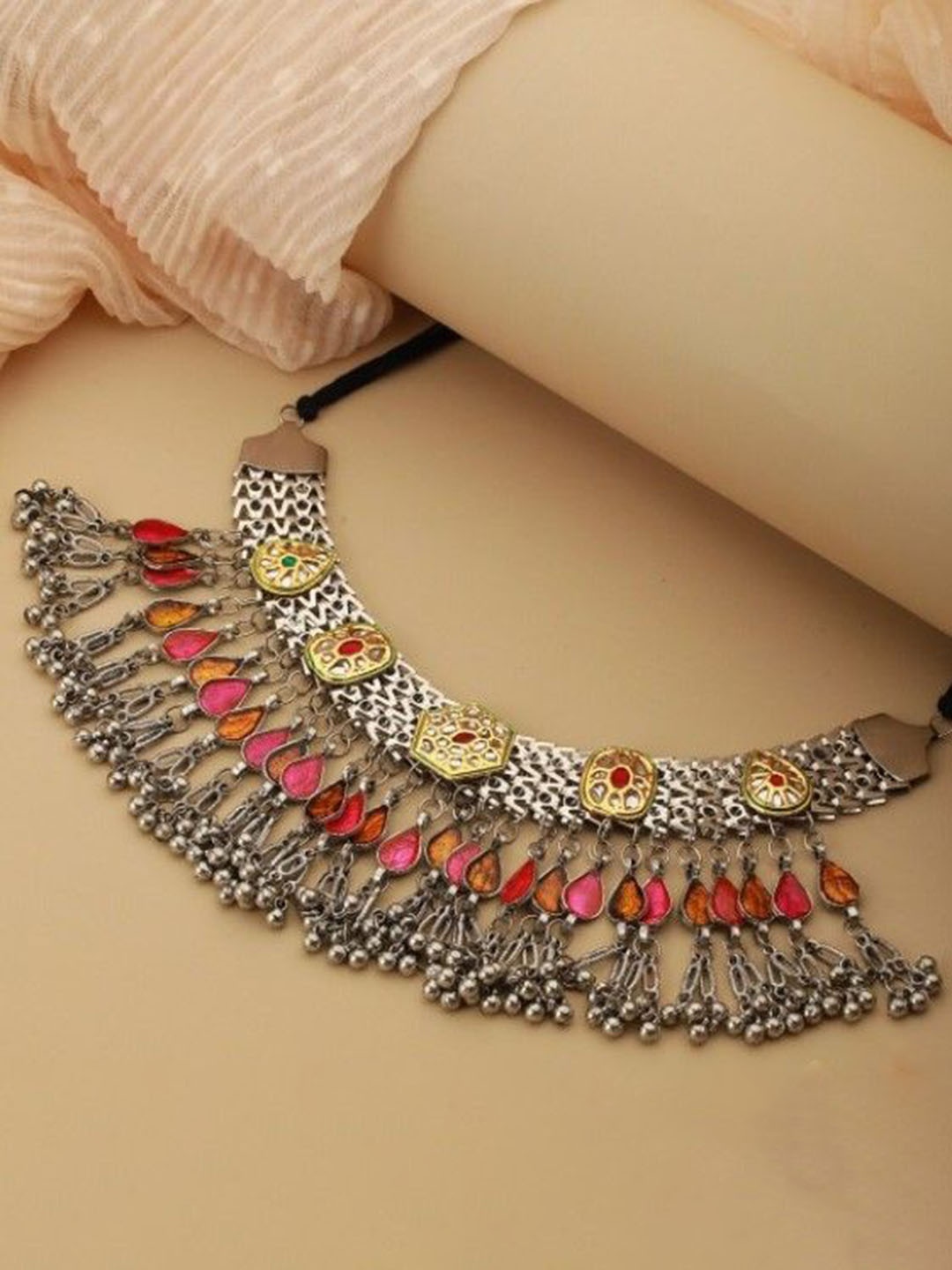 

GRIFFIN Silver-Plated Kundan Studded Meenakari Oxidised Necklace