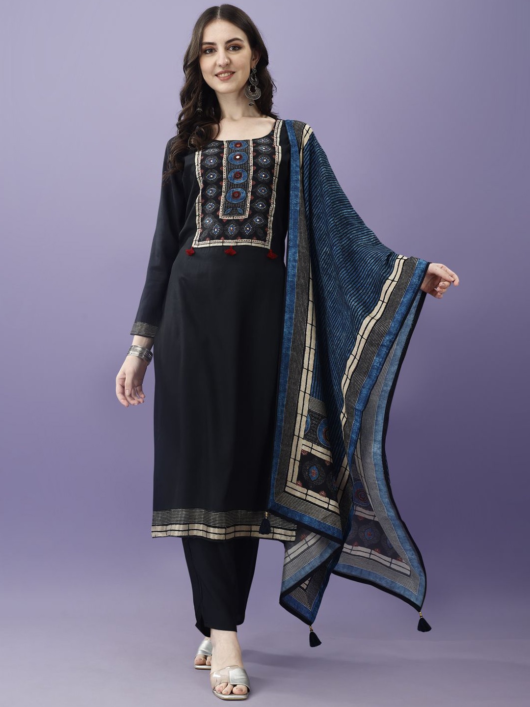 

KUNDAN FAB Yoke Design Mirror Work Pure Cotton Straight Kurta With Trousers & Dupatta, Navy blue