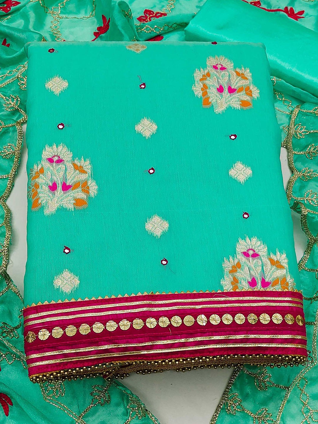 

Ishin Floral Woven Design Mirror Work Unstitched Dress Material, Green