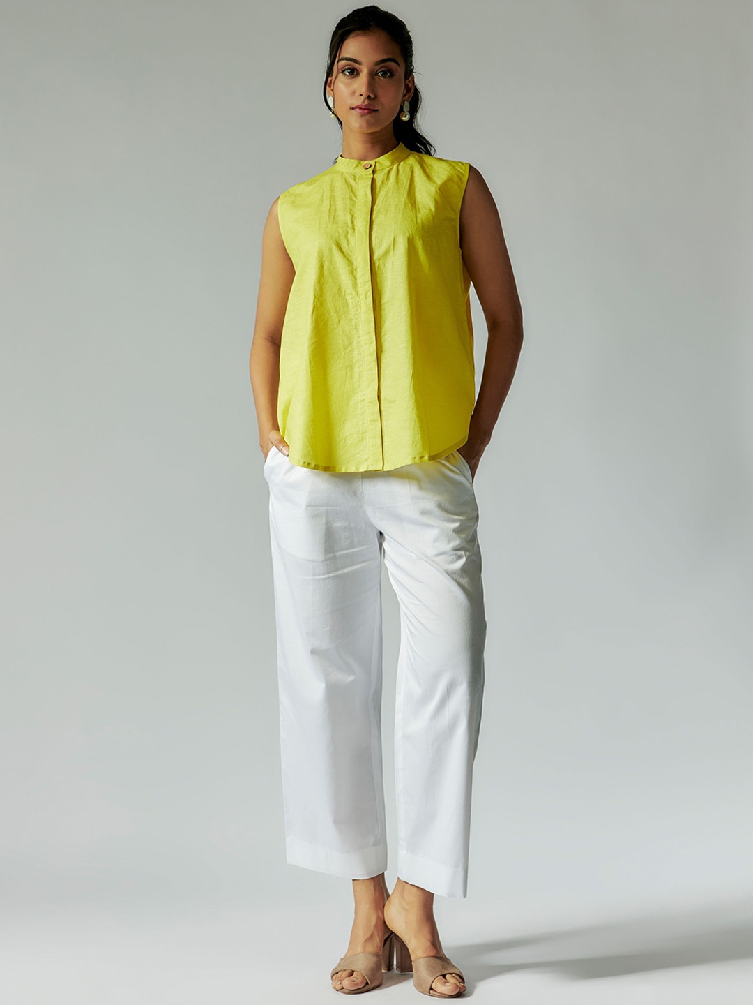 

Maisolos Mandarin Collar Sleeveless Pure Silk Shirt & Trousers, Yellow