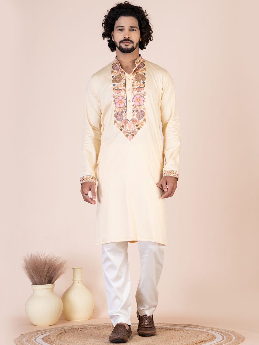 

HU - Handcrafted Uniquely Floral Yoke Design Mandarin Collar Straight Pure Cotton Kurta, Beige