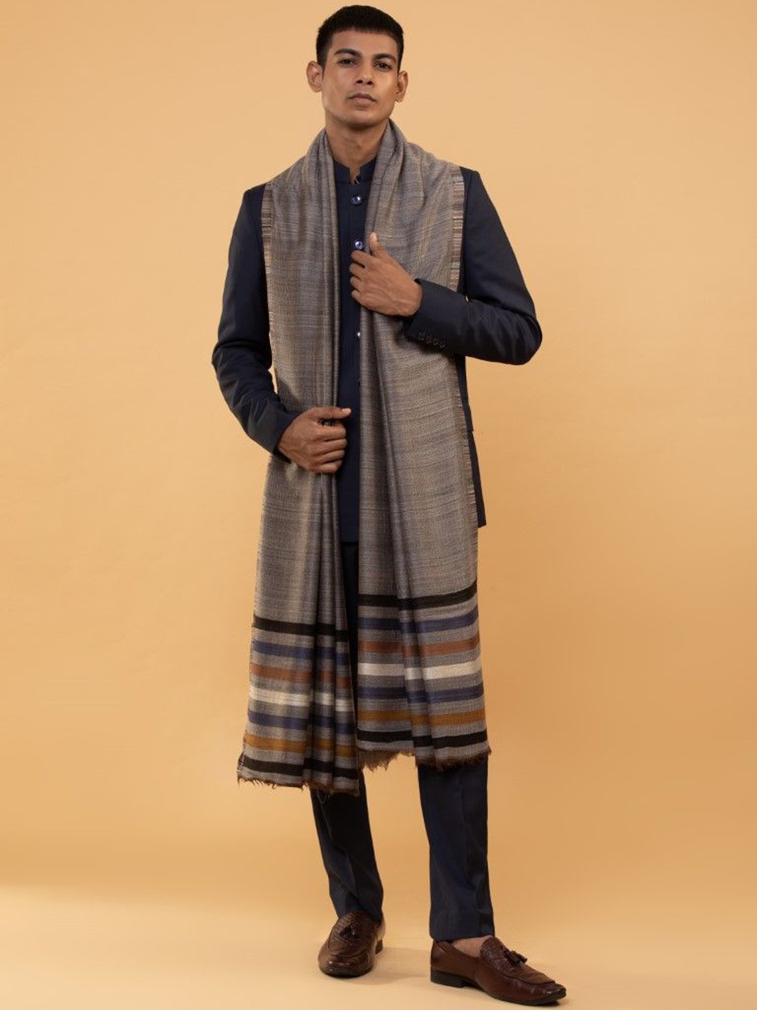 

MODARTA Striped Woven Design Woollen Fringed Border Shawl, Grey