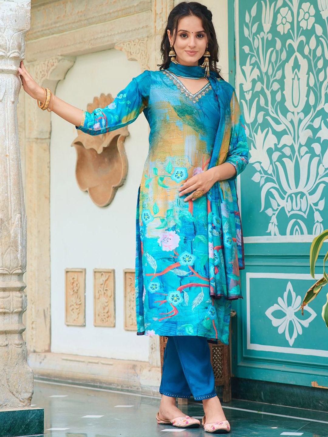 

Berrylicious Printed Beads and Stones Pure Silk Straight Kurta WIith Trousers & Dupatta, Blue