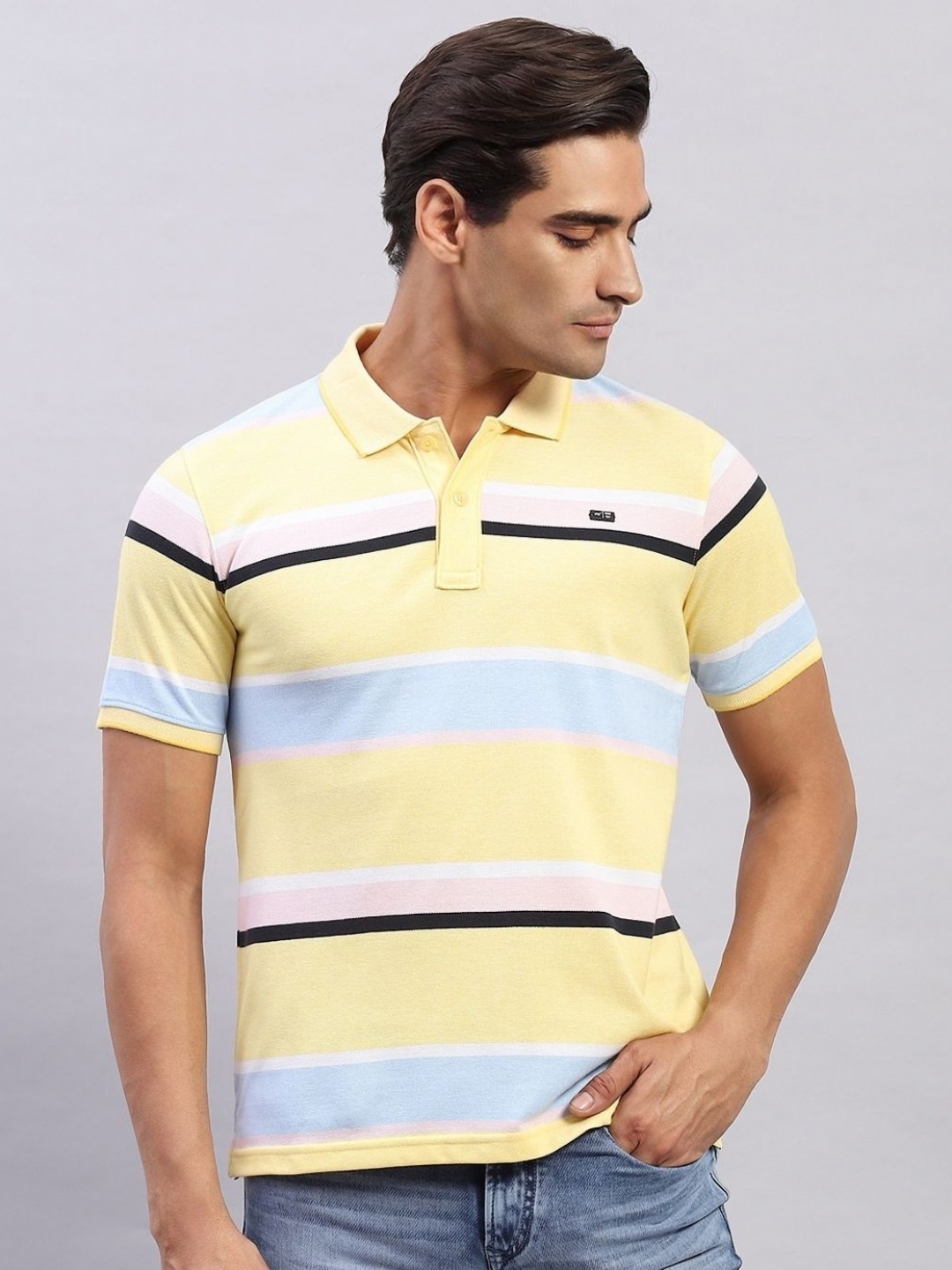 

Monte Carlo Men Striped Polo Collar Cotton T-shirt, Yellow