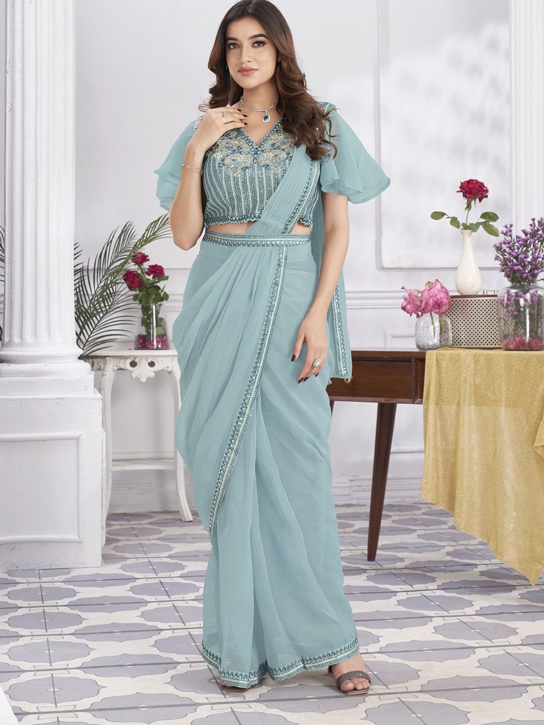 

JIVORA Embroidered Pure Georgette Solid Embroidered Ready to Wear Saree, Blue