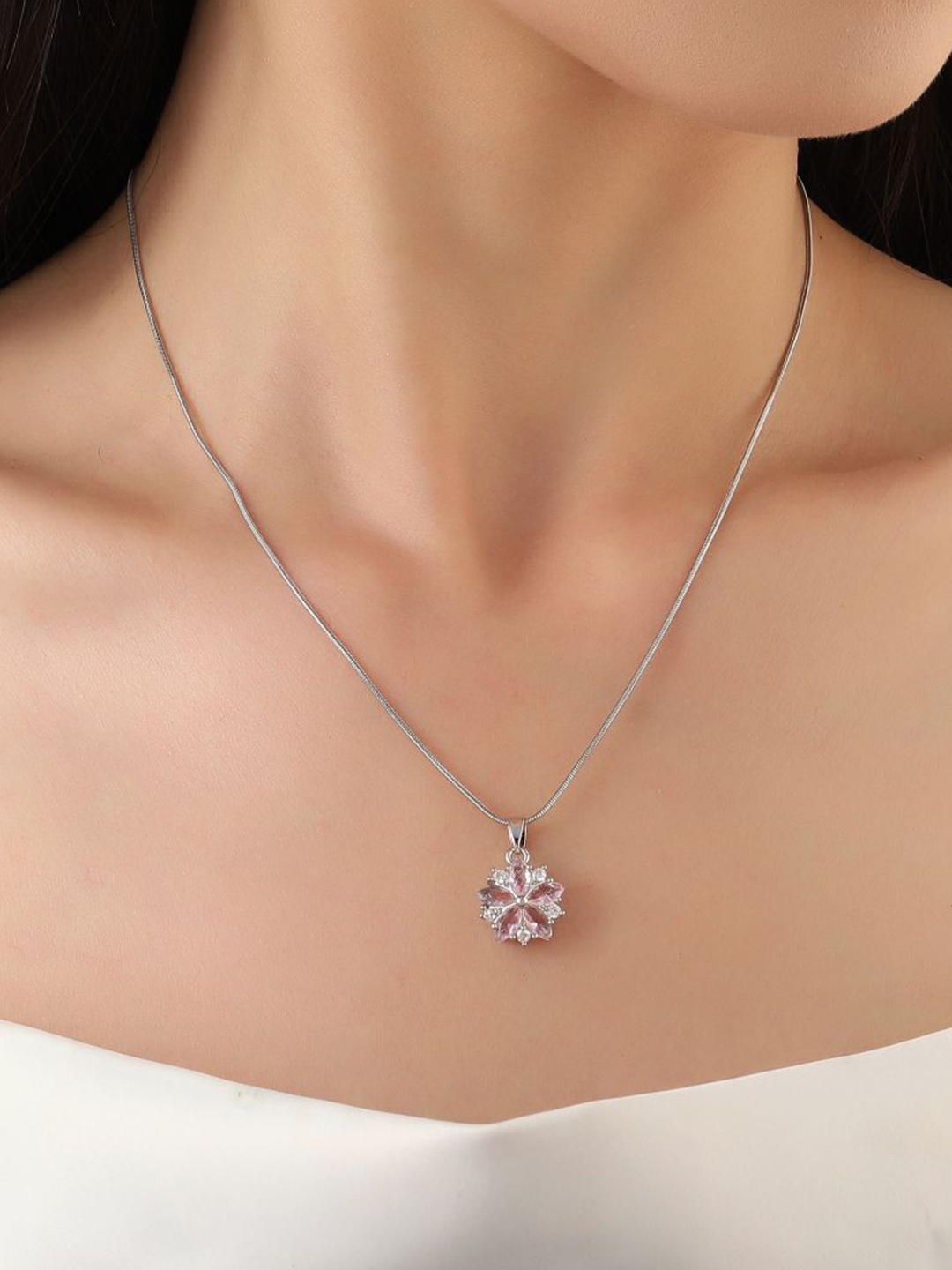

SALTY Stainless Steel Floral Flake Crystal Studded Floral Pendant With Chain, Silver