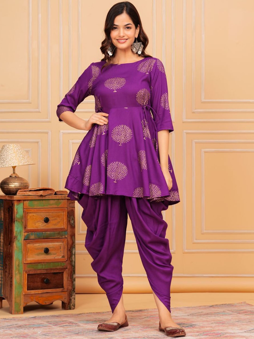 

TFP Floral Printed A-Line Kurti With Dhoti Pants, Purple