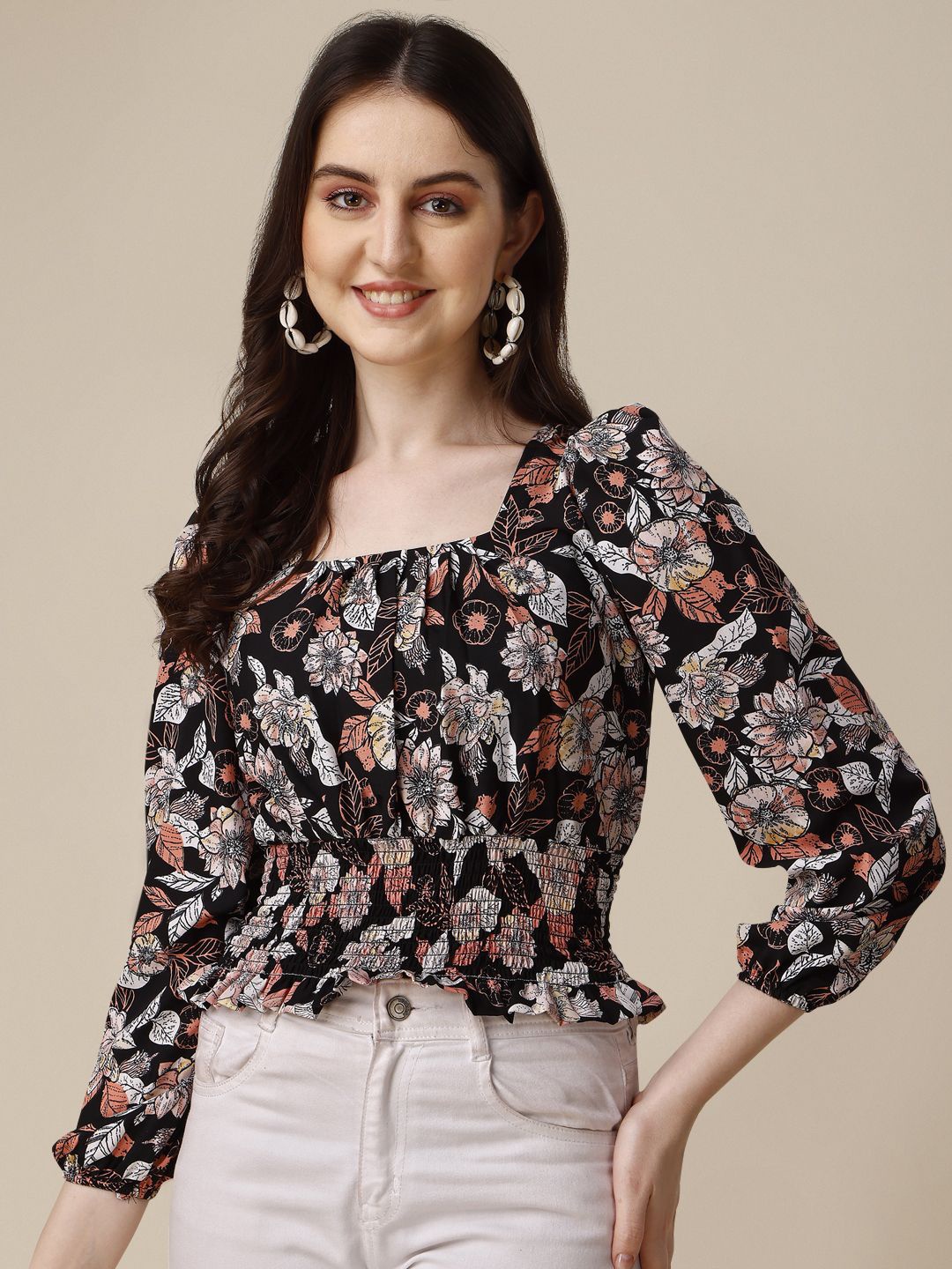 

BEBE UNICORN Floral Print Puff Sleeve Top, Brown