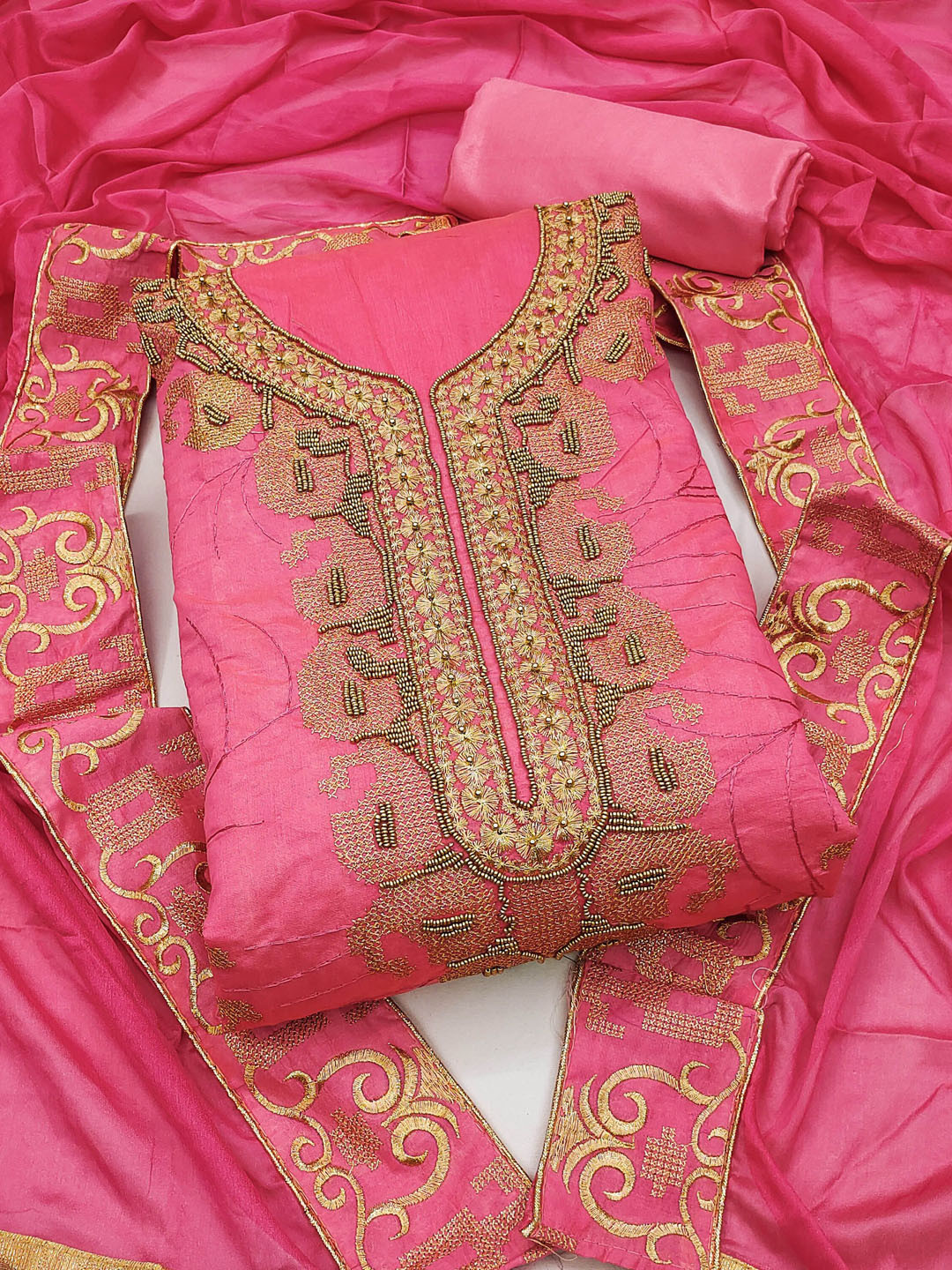 

Ishin Ethnic Motifs Embroidered Beads and Stones Unstitched Dress Material, Pink