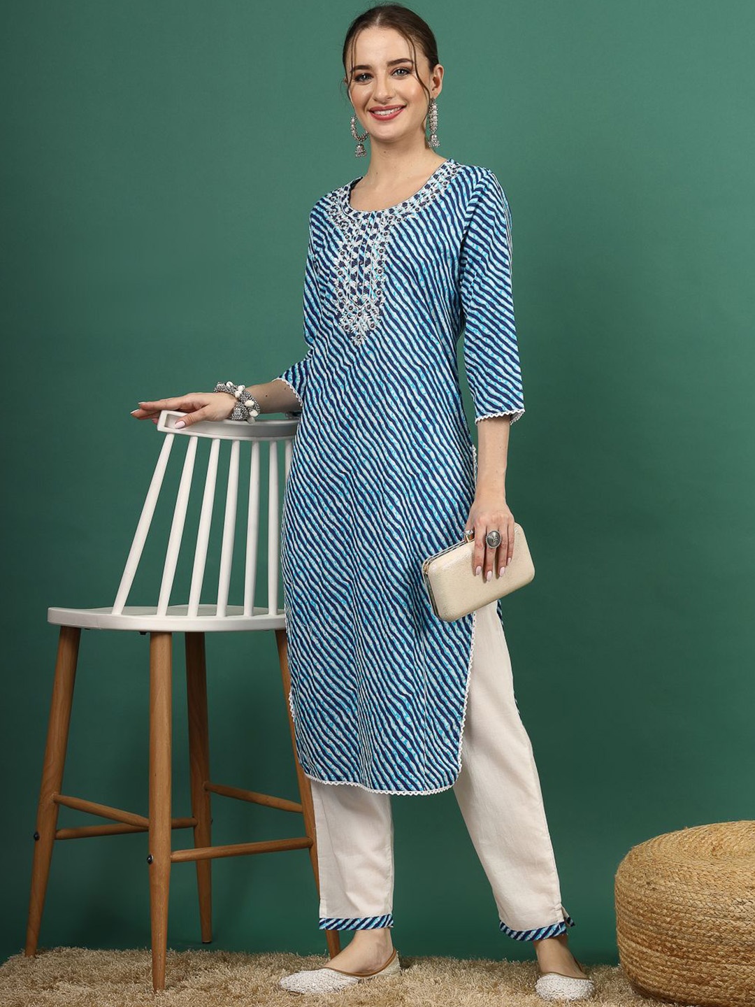 

Sangria Blue Leheriya Embroidered Round Neck Mirror Work Straight Kurta