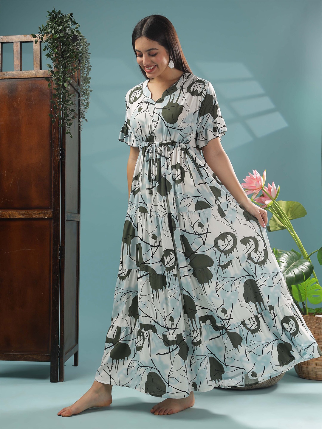 

9shines Label Printed Maxi Nightdress, Green