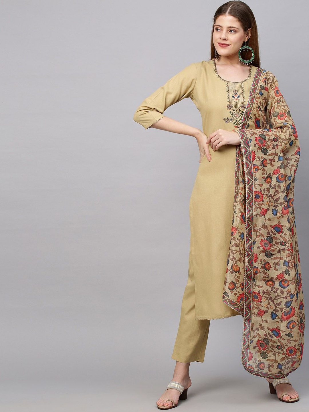 

Anni Designer Floral Embroidered Round Neck Straight Kurta with Trousers & With Dupatta, Beige