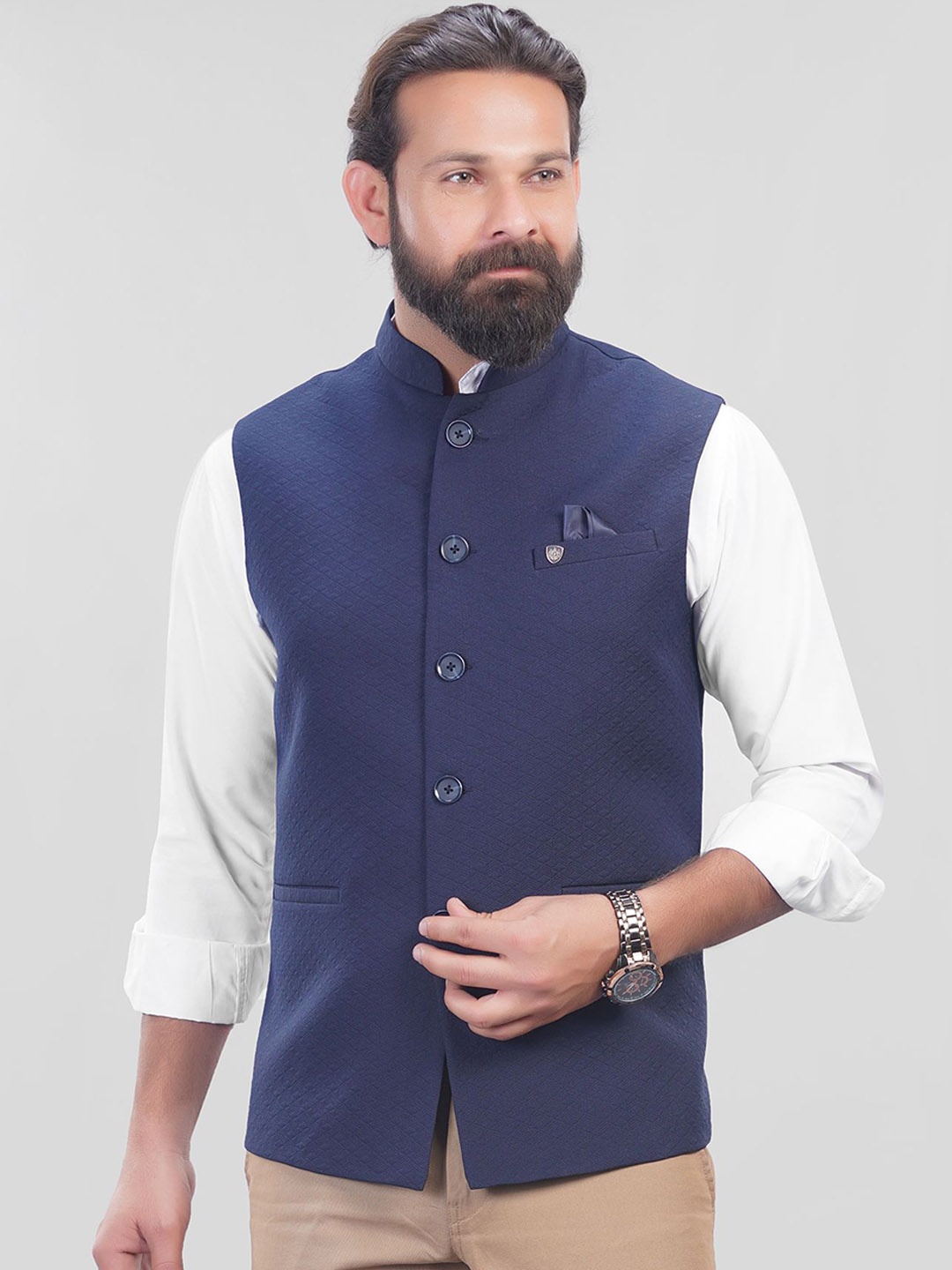

LA'SCOOT Printed Mandarin Collar Nehru Jacket, Navy blue