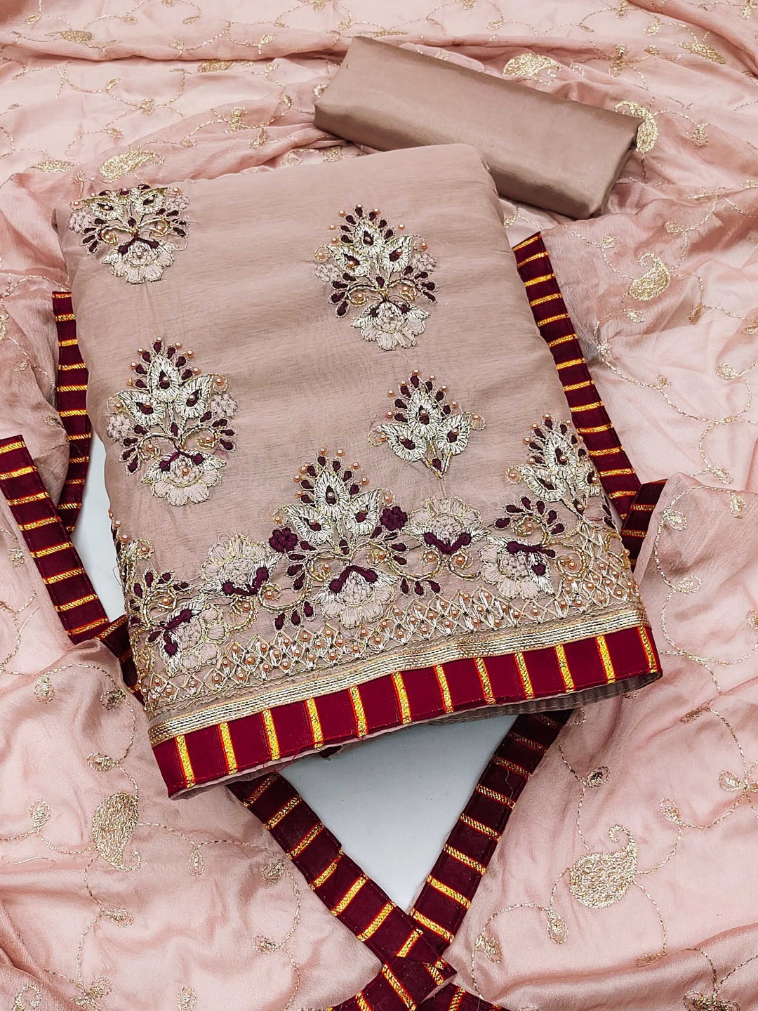 

Ishin Ethnic Motifs Embroidered Unstitched Dress Material, Pink