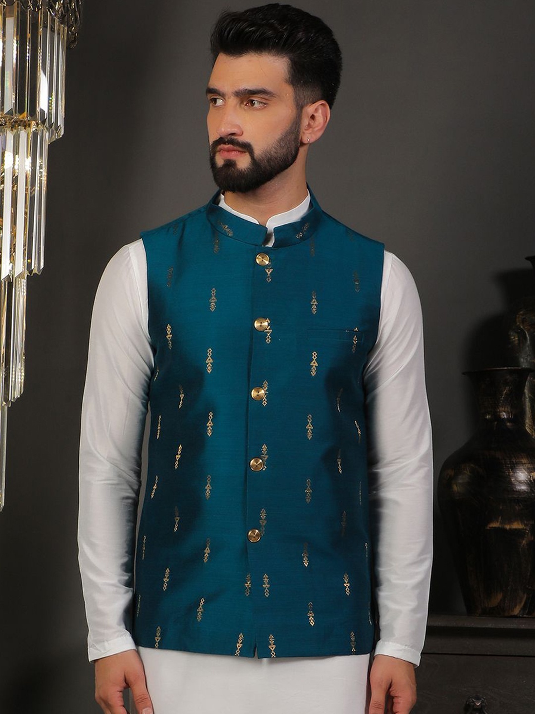 

DEYANN Men Printed Mandarin Collar Nehru Jacket, Blue