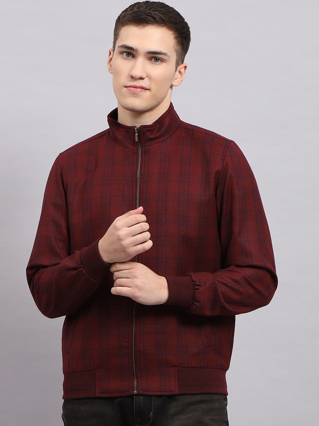 

Monte Carlo Men Mock Collar Checked Jacket, Maroon