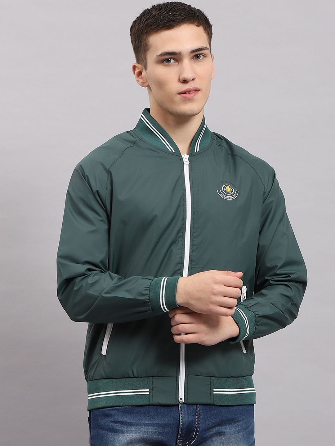 

Monte Carlo Men Solid Mock Collar Bomber Jacket, Olive
