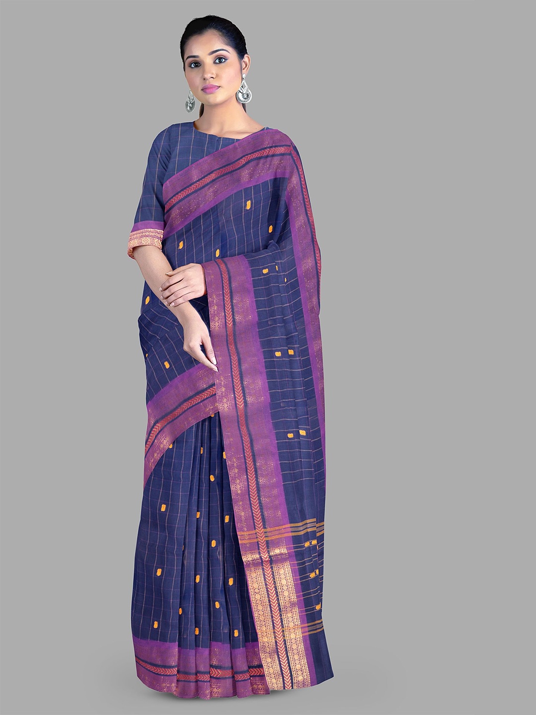 

The Chennai Silks Pure Cotton Checked Printed Zari Sarees, Violet