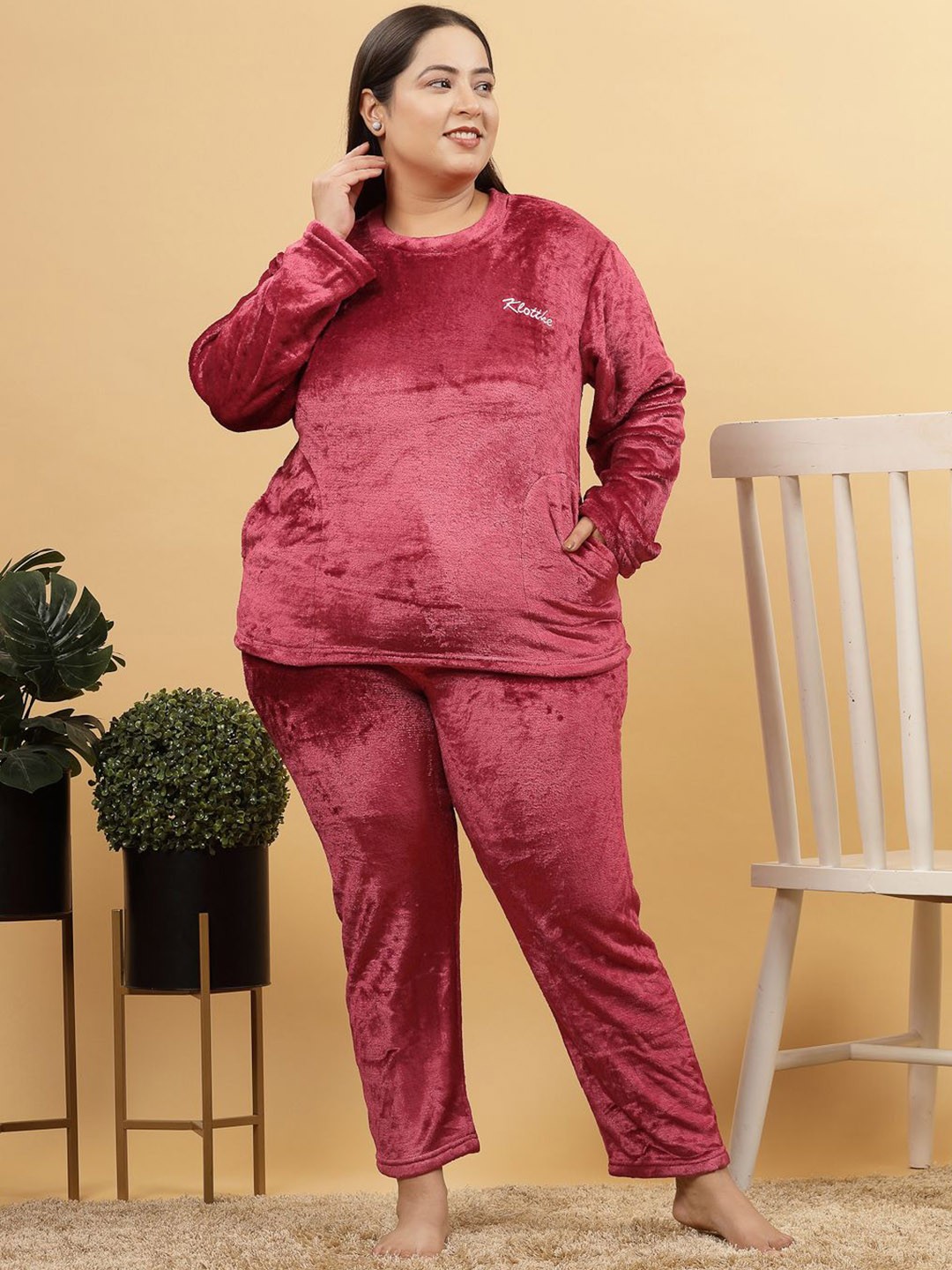 

KLOTTHE Women Plus Size Solid Woolen Night Suit, Maroon