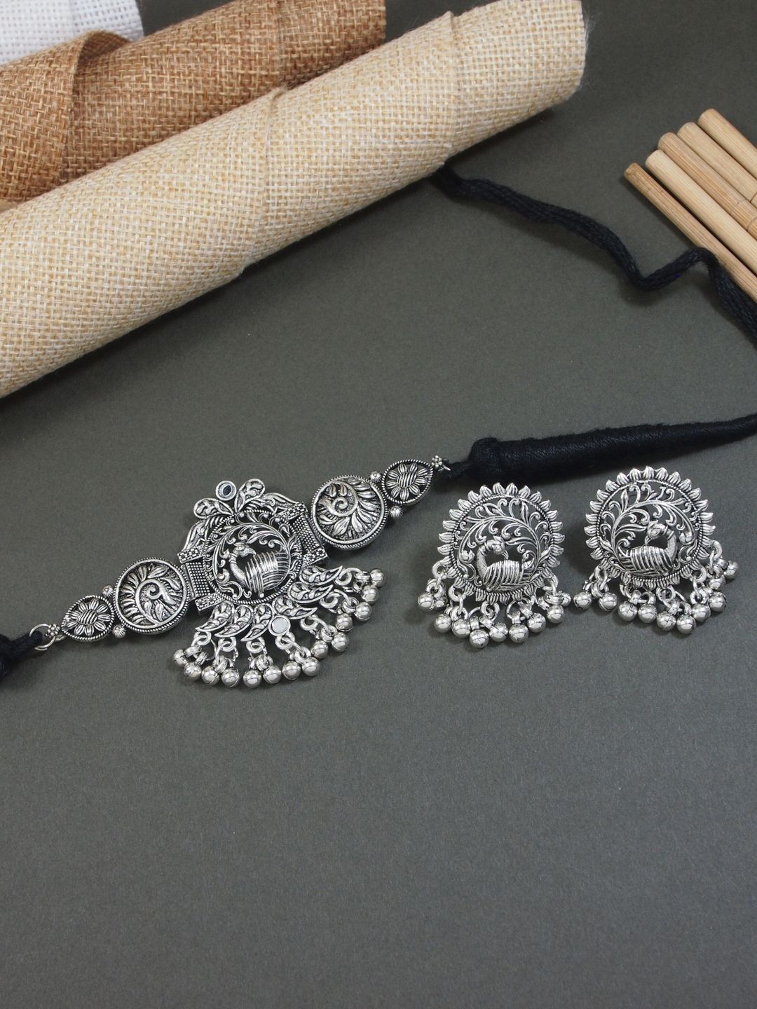 

I Jewels Silver Plated Oxidised Peacock Design Jewellery Set