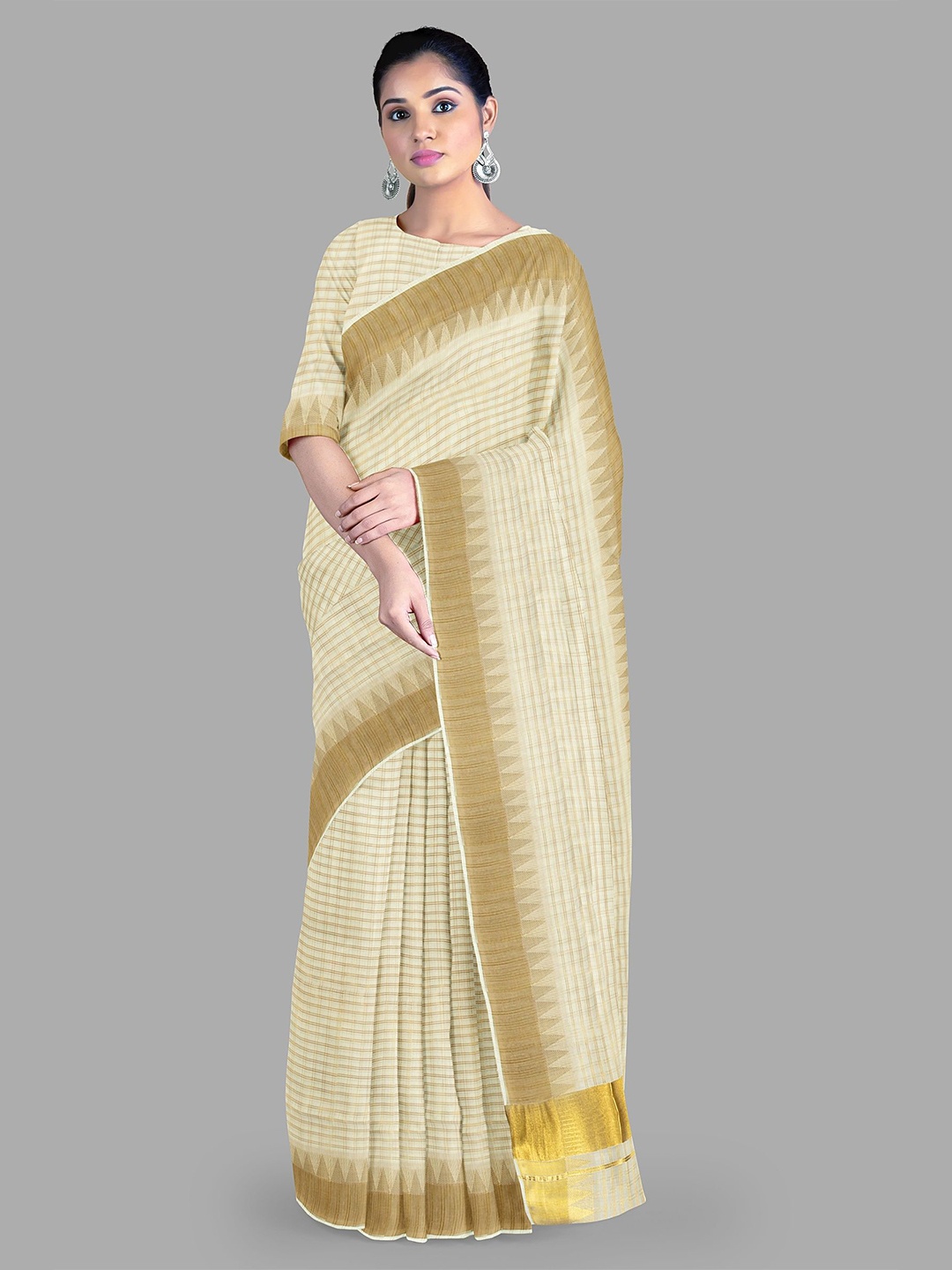 

The Chennai Silks Checked Zari Pure Cotton Kasavu Saree, Off white